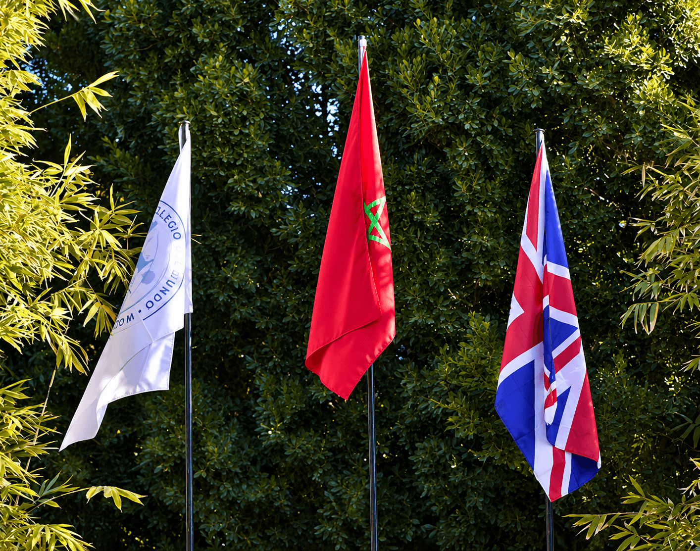 The school, Moroccan and British flags in the campus garden