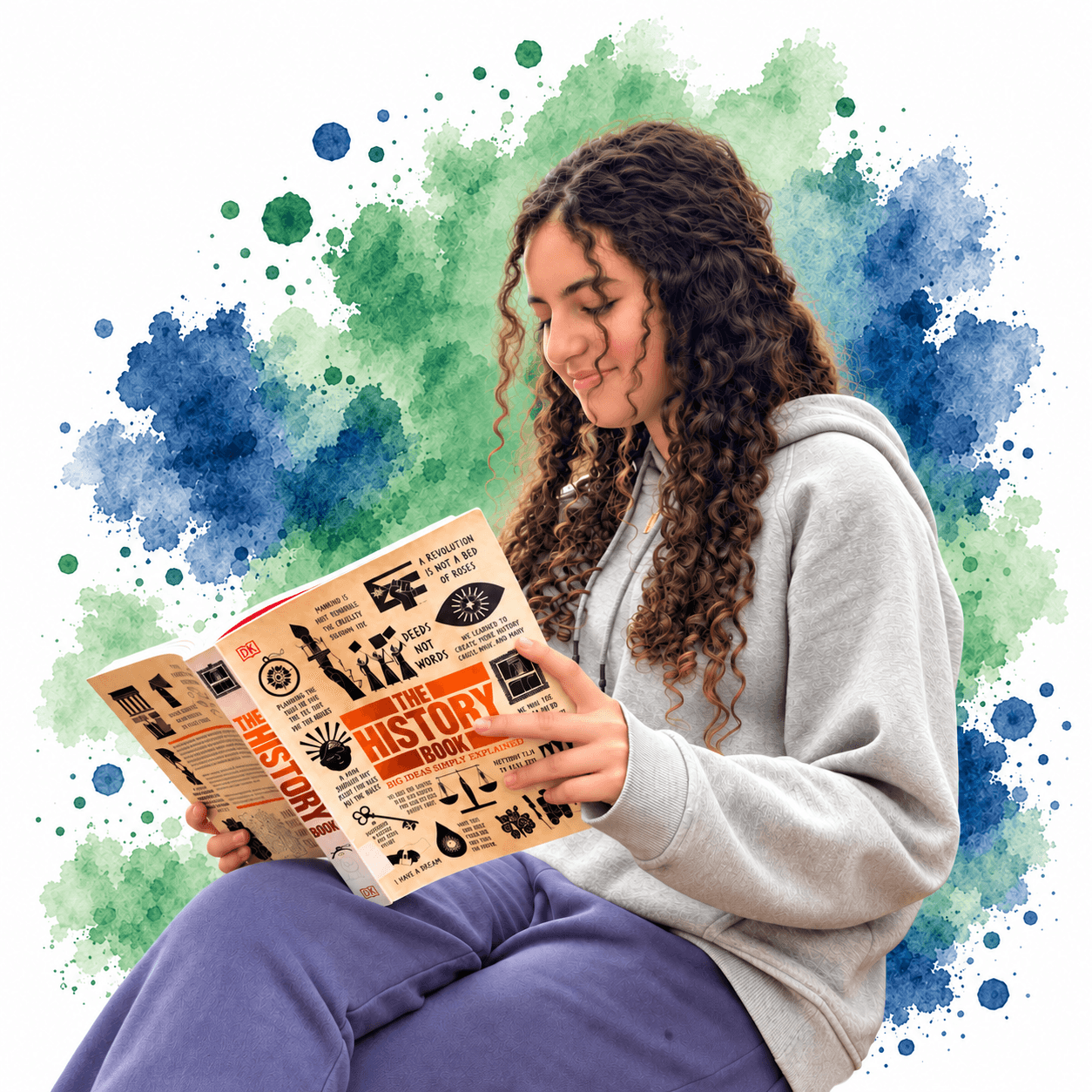 A student reading a history book against a blue and green watercolour background