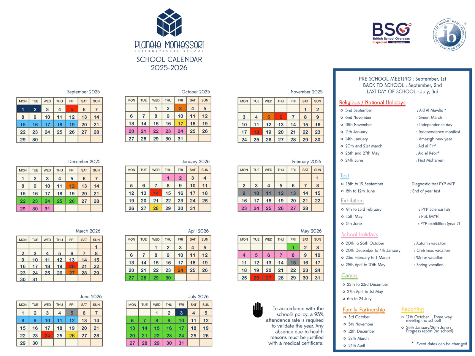 Planète Montessori school calendar 2025–2026, month by month